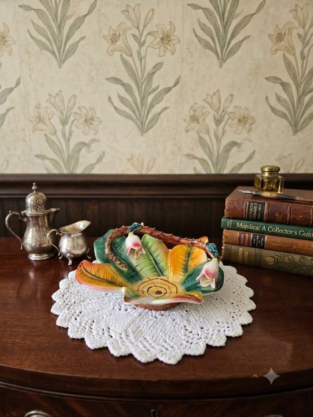 Vintage Italian Majolica Ceramic Leaf Dish | Thorny Branch Handle & Bell Flowers